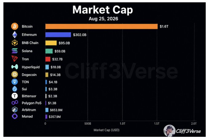 A bar chart titled 'Market Cap' dated Aug 25, 2026 showing cryptocurrency rankings with Bitcoin leading at $1.6T, followed by Ethereum at $302.0B, BNB Chain at $95.0B, and Solana at $59.0B, among others.