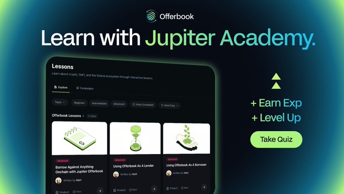 The image is a screenshot of an offerbook for a learning platform called "OfferBook". The focus of the image is a tablet displaying the learning portal which includes lessons related to Jupiters Academy. There are also some icons on the screen, such as a "Loan" and a "Level Up" button. Below the screen, there is an advertisement for using Jupiters Academy's platform. The text above the screen reads: "Learn with Jupiter Academy. Lessons are now live! Learn how to borrow/lend against any asset on Jup_academy - solana NFTs, GCTCards, and more. Complete the lessons. take the quizzes. earn XP." The background of the image is a mix of green and blue colors that blend together with the learning portal screen.