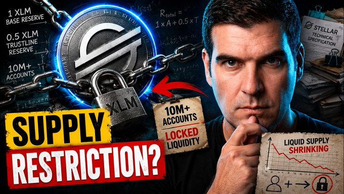 The image features a YouTube thumbnail with a man in a thoughtful pose alongside a Stellar (XLM) coin locked with chains and a padlock, with text highlighting "SUPPLY RESTRICTION?," "1 XLM BASE RESERVE," "0.5 XLM TRUSTLINE RESERVE," "10M+ ACCOUNTS LOCKED LIQUIDITY," and a chart labeled "LIQUID SUPPLY SHRINKING," visually reinforcing the video's claim about XLM's supply being quietly constrained.