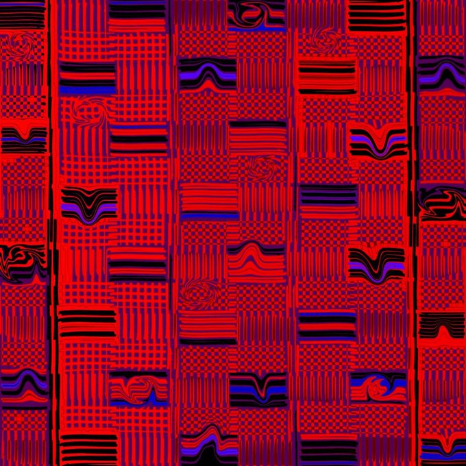 An abstract digital pattern composed of repeating rectangular blocks in red, black, blue, and purple with wavy lines, stripes, and grid textures.