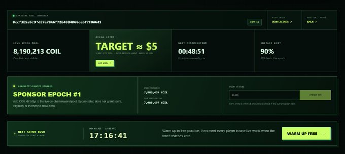 A dark-themed crypto dashboard for a 'SPONSOR EPOCH #1' showing live COIL pool data with 8,190,213 COIL, a target of ~$5, and 90% deposit rate.