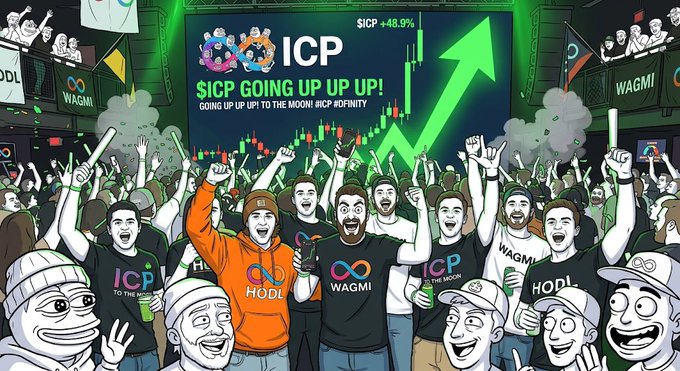 A cartoon illustration of a hyped crowd with 'WAGMI' and 'HODL' shirts cheering as a large screen displays 'ICP $ICP +48.9%' with the text '$ICP GOING UP UP UP! GOING UP UP UP TO THE MOON!'
