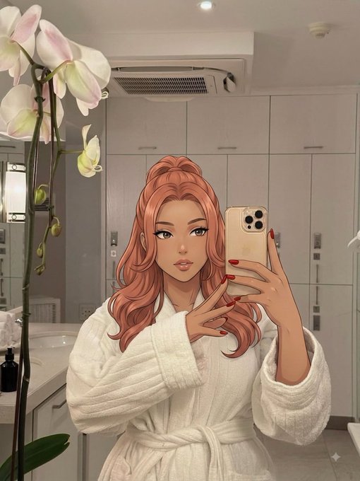 A photo shows a person in a white bathrobe taking a mirror selfie with a smartphone, featuring an anime-style filter applied to their face with pink hair.