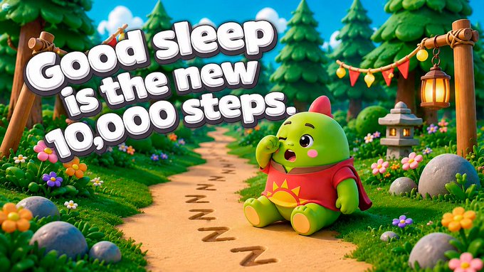 A cartoon green dinosaur sitting on a forest path with the text 'Good sleep is the new 10,000 steps.'