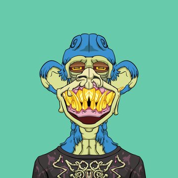 A cartoonish blue-haired, skeletal-faced creature with a wide toothy grin wearing a black shirt against a teal background.