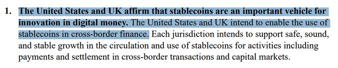 A highlighted excerpt from a joint U.S.-UK statement declares that "stablecoins are an important vehicle for innovation in digital money," supporting their use in cross-border finance, payments, and capital markets. The highlighted text underscores the post's point that regulators are now publicly recognizing stablecoins' role in the financial system—validation of long-running industry advocacy efforts.