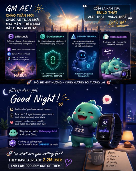 A promotional poster with Vietnamese and English text celebrating '2.2M+ Users' featuring a cute green sleeping mascot character wearing 'ZZZ' pajamas next to a smartwatch, promoting Nasun, QUIP Network, TheArcTerminal, and sleepagotchi projects.