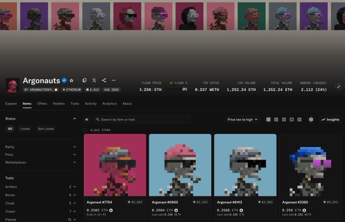 Screenshot of a NFT marketplace displaying the 'Argonauts' pixel art collection, showing stats like a floor price of 3.256 ETH, 24h volume of 0%, and a top offer of 0.237 WETH, with individual pixelated astronaut items listed for sale.
