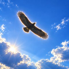 A bird in flight silhouetted against a bright blue sky with scattered clouds and the sun shining from the lower left.