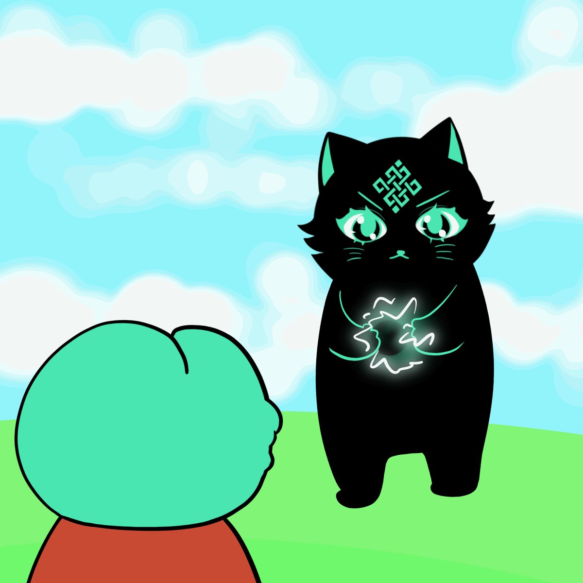 The image features a cartoon cat with green eyes, standing next to a person wearing an orange shirt. The cat appears to be angry or upset about something, while the person looks concerned or worried. The background of the image shows a blue sky with clouds, suggesting that they are in an outdoor setting. The post is titled "Good morning Ritual & Siggy frens GM Ritual Lovers Another day to build on Ritual, the infrastructure for onchain AI agents". This post seems to be related to the cartoon cat and its emotions or actions, possibly discussing a recent event or situation involving the cat.