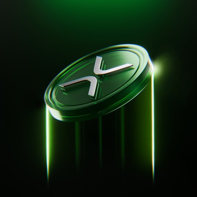 A stylized green coin featuring the XRP logo glows dramatically against a dark background, visually representing the cryptocurrency's strong weekly performance of approximately 40% gains. The luminous, premium rendering of the XRP emblem emphasizes its leadership status as it outpaces major competitors like BTC, ETH, SOL, and BNB in market movement.