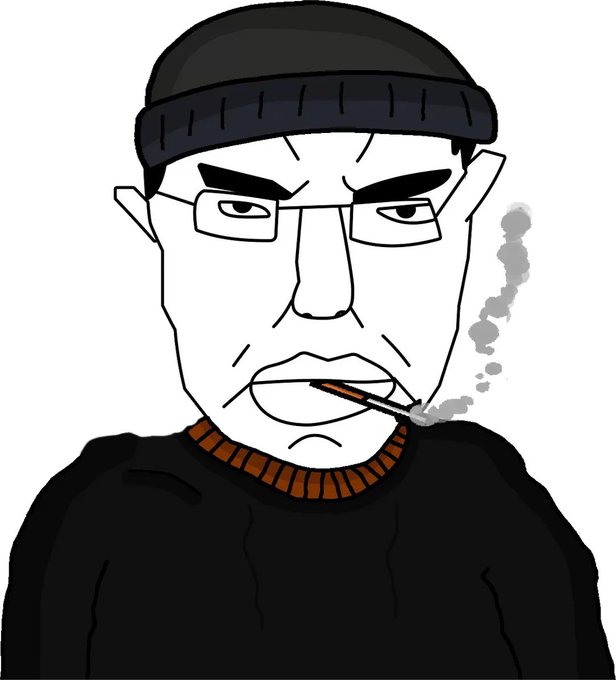 A black and white digital drawing of a stern-faced man wearing a black beanie, glasses, and a brown sweater, smoking a cigarette with smoke curling upwards.
