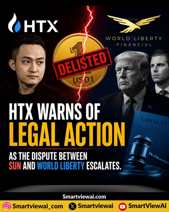 The image features a poster with three men, one of whom has a name tag that reads "HTX". The poster also includes a warning about legal action against Trump-backed $USD1. The text on the poster suggests that Trump's actions have caused World Liberty Financial to freeze some of its addresses and that HTX is warning of potential legal action.