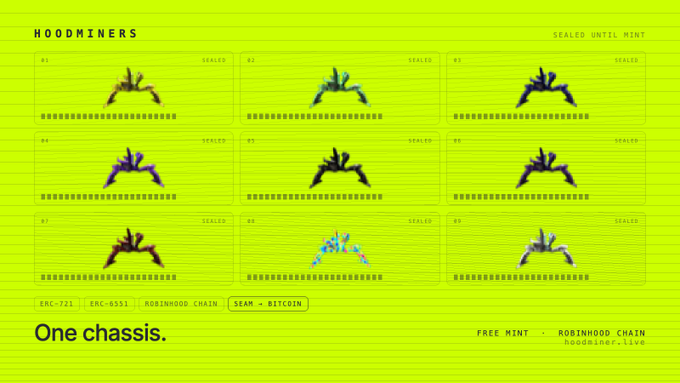 A bright yellow webpage displaying a grid of nine 'Hoodminers' NFTs, noted as 'SEALED UNTIL MINT' with a 'One chassis.' tagline.