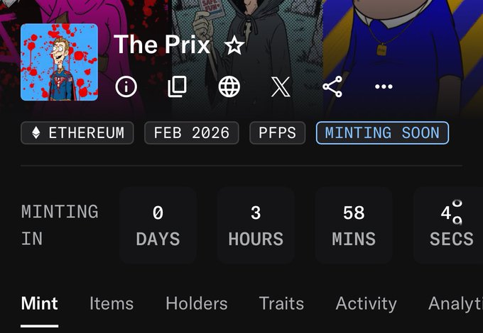 A screenshot of an NFT project page titled "The Prix" on Ethereum, marked "MINTING SOON" with a countdown showing 3 hours, 58 minutes, and 49 seconds until minting begins in February 2026. The image highlights one of several upcoming mints listed in the post, which features The Prix with a supply of 1000.