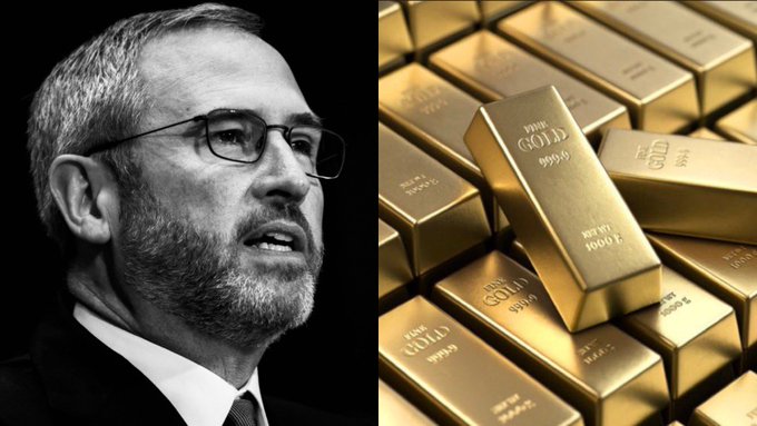 A black-and-white portrait of a man in glasses and a suit is shown alongside a stack of gold bars labeled "FINE GOLD 9999 1000G," visually linking the figure to the over $1 trillion in confirmed U.S. gold reserves at Fort Knox and the proposed tokenization of the $21 trillion+ gold market onto the XRP Ledger.