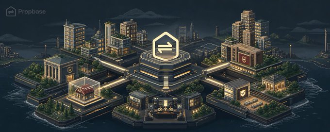 A dark, isometric digital artwork by Propbase depicting a futuristic cityscape built on islands with a central exchange-like building featuring a hexagonal logo.
