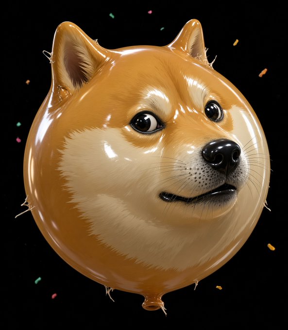A glossy doge-shaped balloon floats against a black confetti-speckled background, visually echoing the post's playful reference to a "DOGE balloon" primed to burst toward a $1 price target.