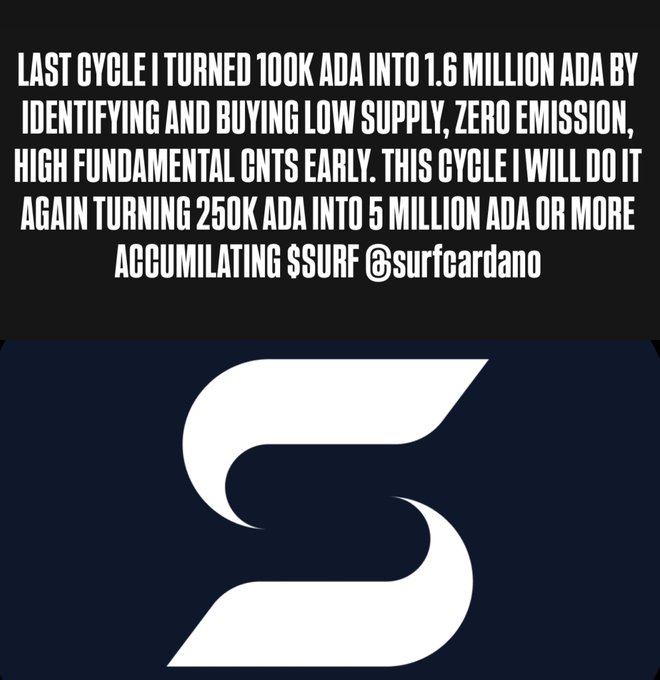 A promotional graphic stating 'LAST CYCLE I TURNED 100K ADA INTO 1.6 MILLION ADA BY IDENTIFYING AND BUYING LOW SUPPLY, ZERO EMISSION, HIGH FUNDAMENTAL CNTS EARLY. THIS CYCLE I WILL DO IT AGAIN TURNING 250K ADA INTO 5 MILLION ADA OR MORE ACCUMILATING $SURF @surfcardano' above the white SURF logo on a dark blue background.