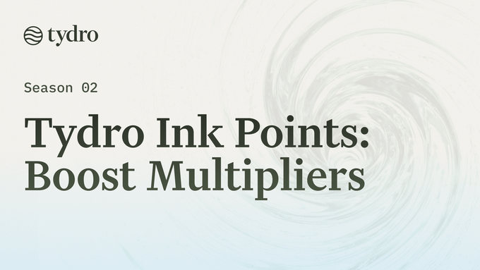 The image is a promotional graphic with the text "Tydro Ink Points: Boost Multipliers," labeled as Season 02, with the Tydro logo in the corner and a swirling pale blue background. In response to the post "are you og?," the image highlights Tydro's Season 02 Ink Points feature, suggesting the user may be asking if they're an original (OG) member or early supporter tied to this seasonal campaign.
