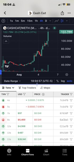 Mobile screenshot of a DexScreener chart showing the CASHCAT/WETH trading pair on a 4-hour timeframe with price around $122.79M and recent buy transactions listed below.
