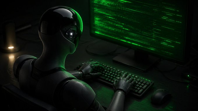 A humanoid robot with a glossy black helmet sits at a desk in a dark room, typing on a keyboard illuminated by the green glow of a computer monitor displaying code.
