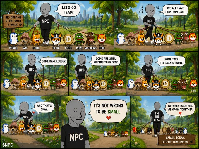 A six-panel comic strip featuring a gray NPC character walking a group of cartoon cryptocurrency mascots, with dialogue bubbles including "BIG DREAMS START WITH A WALK" and "IT'S NOT WRONG TO BE $MALL."
