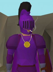 Low-resolution 3D rendered character in purple armor with a gold medallion necklace, appearing to be from a vintage video game.
