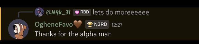 The image shows a chat exchange where user @N4k_3I with an RBD badge writes "lets do moreeeee," and user OgheneFavo responds with a trophy badge and the message "Thanks for the alpha man" at 12:27. The conversation relates to the "$124 Kek" post, suggesting OgheneFavo is expressing gratitude to @N4k_3I for sharing a valuable tip or insight that led to the $124 outcome.