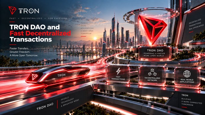 A promotional graphic for 'TRON DAO' featuring a futuristic cityscape and high-speed train, highlighting 'Fast Decentralized Transactions' with text including 'PEOPLE DELAY APPLICATIONS A MORE OPEN TOMORROW' and 'TRON DAO POWERING TRON A MORE OPEN WORLD'.