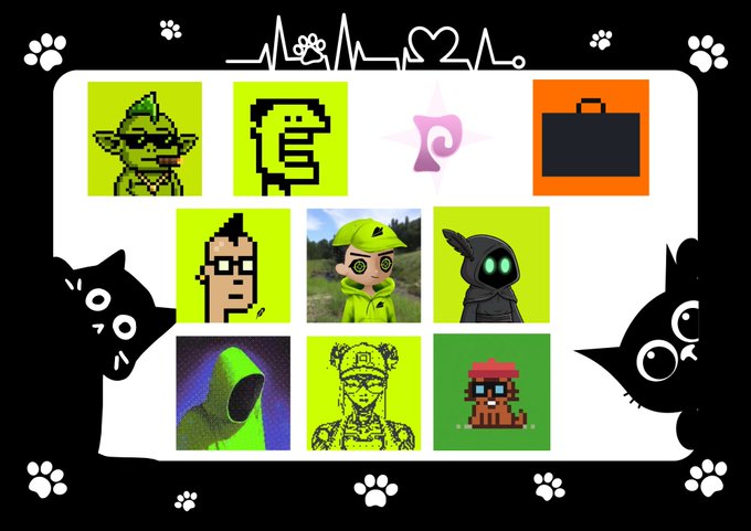 A grid collage of various pixel art and cartoon characters including goblins, a briefcase, and hooded figures on a black background with cat illustrations and paw prints.