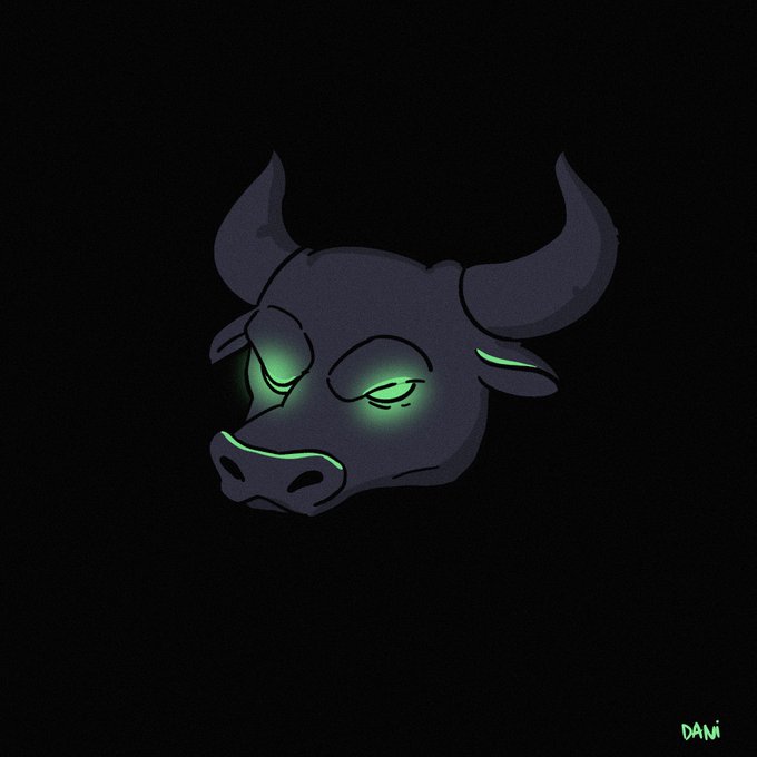 A digital illustration of a dark bull's head with glowing green eyes and nostrils on a black background, signed 'DANI'.