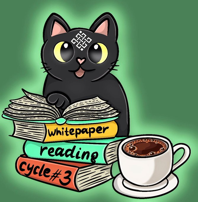 A digital illustration of a black cat with a symbol on its forehead sitting on a stack of books labeled 'whitepaper', 'reading', and 'cycle #3', next to a cup of coffee on a green background.