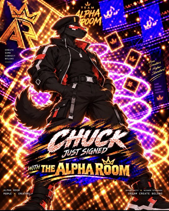 A promotional poster featuring a furry anthropomorphic character in streetwear with text reading 'CHUCK JUST SIGNED WITH THE ALPHA ROOM' and 'TEAM ALPHA ROOM'.