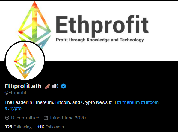 A Twitter/X profile page for 'Ethprofit.eth' (@Ethprofit) describing itself as 'The Leader in Ethereum, Bitcoin, and Crypto News', showing 11K Followers and joined June 2020.