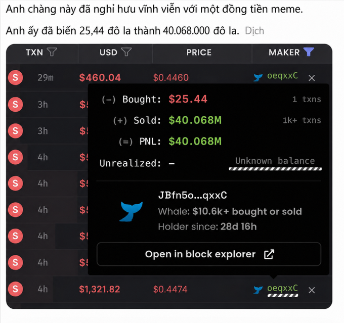 A Vietnamese crypto trading screenshot showing a meme coin transaction where someone turned $25.44 into $40,068,000 with a PNL of $40.068M, captioned 'This guy retired forever with a meme coin.'