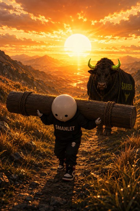 A small character wearing a "SMANLET" hoodie carries a heavy log across a mountain path at sunset, with a large bull labeled "SANSEN" standing behind them—both figures embodying the quiet grind of the "gm" crypto mindset.