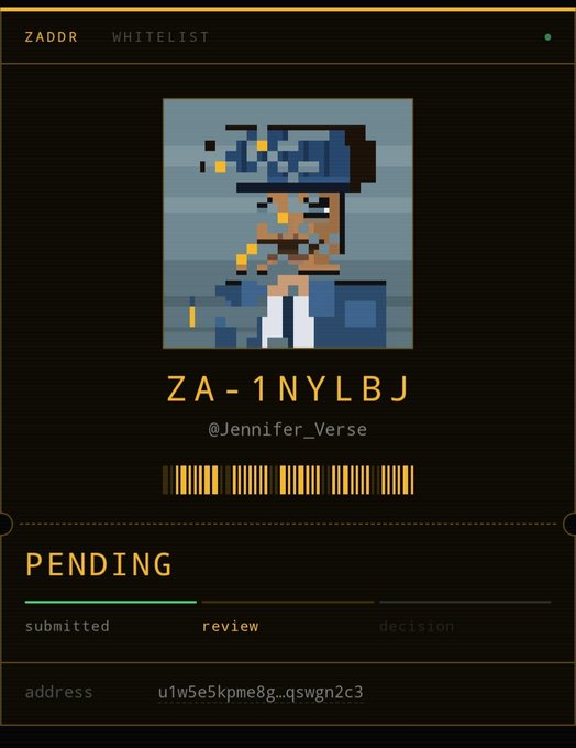 Digital 'ZADDR WHITELIST' card showing pixel art of a character with blue hat and goggles, username '@Jennifer_Verse', pending review status, with a Solana address starting with 'u1W5e5kpme8g..qswgn2c3'.