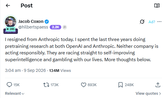 A tweet from Jacob Coxon (@hilbertpaess) announces his resignation from Anthropic after spending three years doing pretraining research at both OpenAI and Anthropic, stating that neither company is acting responsibly as they race toward superintelligence. The post, which has garnered 134M views, 693K likes, and 248K bookmarks, supports the accompanying text's point about frontier AI being concentrated in big companies—reinforcing the case for decentralized alternatives like Bittensor ($TAO).