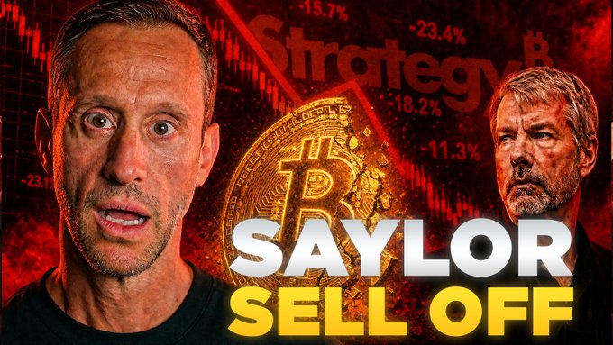 The image is an advertisement that features two men, one of whom appears to be a businessman wearing a black shirt, while the other man shows his face with a serious expression. The scene includes a graphic depicting a Bitcoin symbol, and there are text elements related to theBitcoin market in different colors such as red and yellow. 

The advertisement seems to convey a message about investing or trading Bitcoins, and it also contains some text that says "Saylor SELLS Bitcoin!". This could be interpreted as an implication that the businessman is selling Bitcoin, possibly for financial gain. The combination of visual elements with text in this advertisement can effectively capture viewers' attention by making them wonder what else the image might depict or how it connects to their own interests and potential actions in the market.