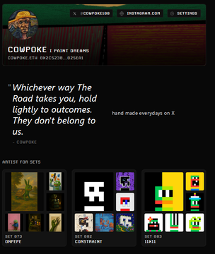 A profile page for 'COMPOKE | print dreams' on Instagram showing sets for 'PIXEL PUNK', 'BITCOIN ART CONSTRAINT', and 'PIXEL REBEL', with a quote about holding lightly to outcomes.