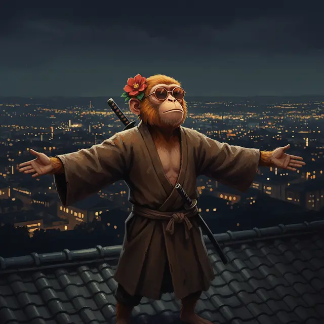 A digital illustration of a monkey wearing a kimono, sunglasses, and a flower in its hair, with a sword on its back, standing on a rooftop with arms outstretched against a city skyline at night.