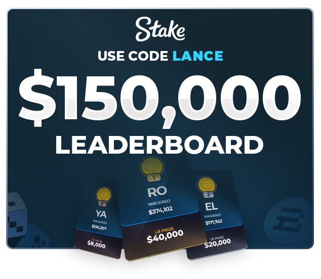 A promotional graphic for Stake featuring a "$150,000 Leaderboard" using code "LANCE," displaying leaderboard rankings with users "RO" and "YA" as top competitors alongside LB Prize entries of $40,000, $20,000, and $8,000. The image promotes a leaderboard contest tied to the $250 $SOL giveaway referenced in the post, encouraging users to engage with Stake's platform.