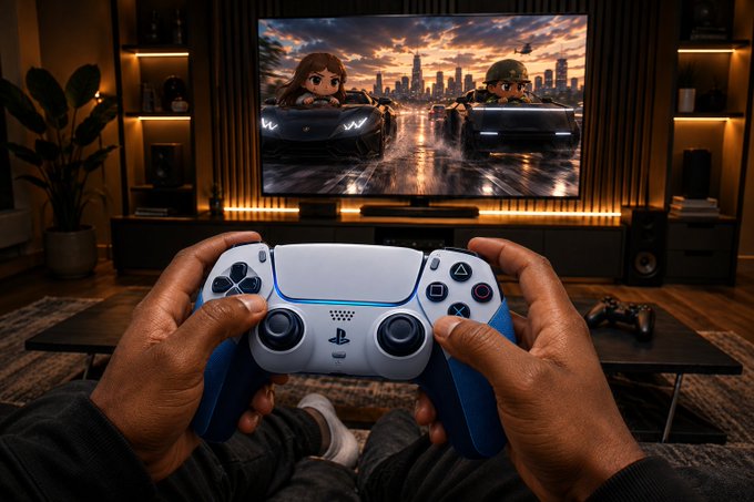 A first-person view of hands holding a blue and white PlayStation 5 controller while playing a racing game displayed on a large TV in a modern living room.