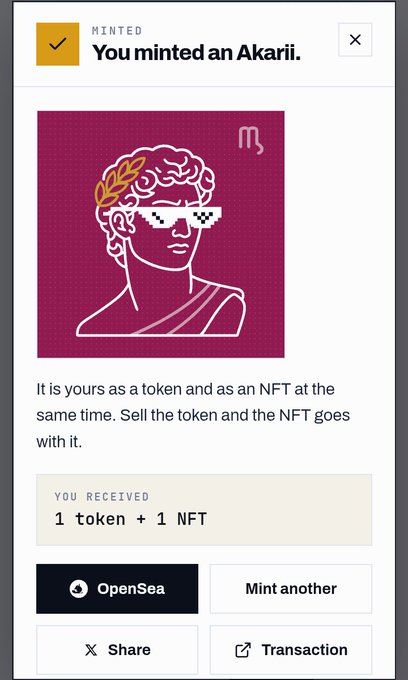 A mobile app confirmation screen showing 'You minted an Akarii' with a stylized line-art profile wearing pixelated sunglasses, indicating the user received 1 token and 1 NFT.