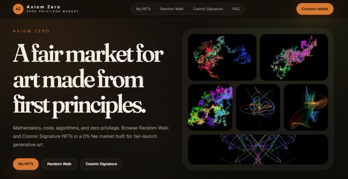 A website screenshot for 'Axiom Zero Zero Privilege Market' with the tagline 'A fair market for art made from first principles', showcasing colorful generative art NFT thumbnails and a 'Connect wallet' button.