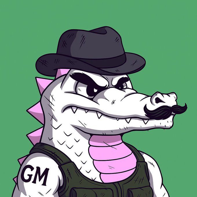 A cartoon illustration of a fierce-looking crocodile or alligator wearing a black hat and sporting a mustache, with "GM" written on its arm against a green background.