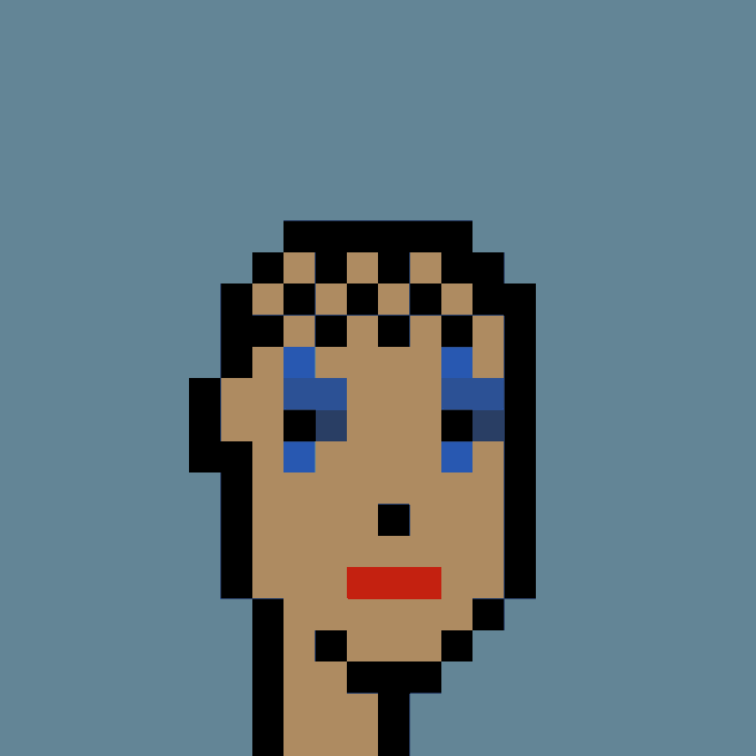 A pixelated portrait of a character with blue eyes and red lips against a light blue background, representing CryptoPunk #1893, which was acquired for 0 ETH ($0 USD) by wallet 0x2696...232a from 0x314d...478f.