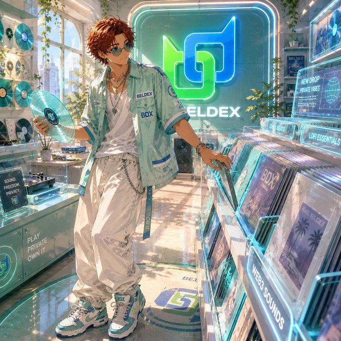 A stylish anime character browses records in a vibrant record store, holding a vinyl and flipping through "WEB3 SOUNDS" and "BDX" album bins beneath a glowing "BELDEX" neon sign, visually echoing the post's message about Beldex's network returning to normalcy post-Hardfork 21. The "BDX" ticker and "BELDEX" branding throughout the scene reinforce the connection to the BeldexCoin update on restored balances, exchanges, deposits, and withdrawals.