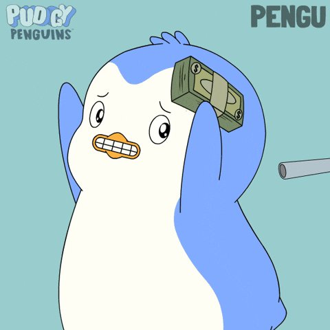 A cartoon penguin wearing a blue jacket, holding a money bill above its head with both arms outstretched, as if celebrating or showing off an unexpected windfall. The image features an animated depiction of a penguin character and includes text referencing the cartoon series "Puddle Penguins".